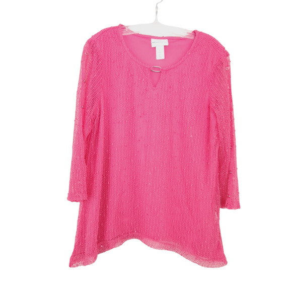 New Alfred Dunner Womens Popcorn Knit Top Small Flamingo Pink Long Sleeve Sheer - Picture 1 of 7
